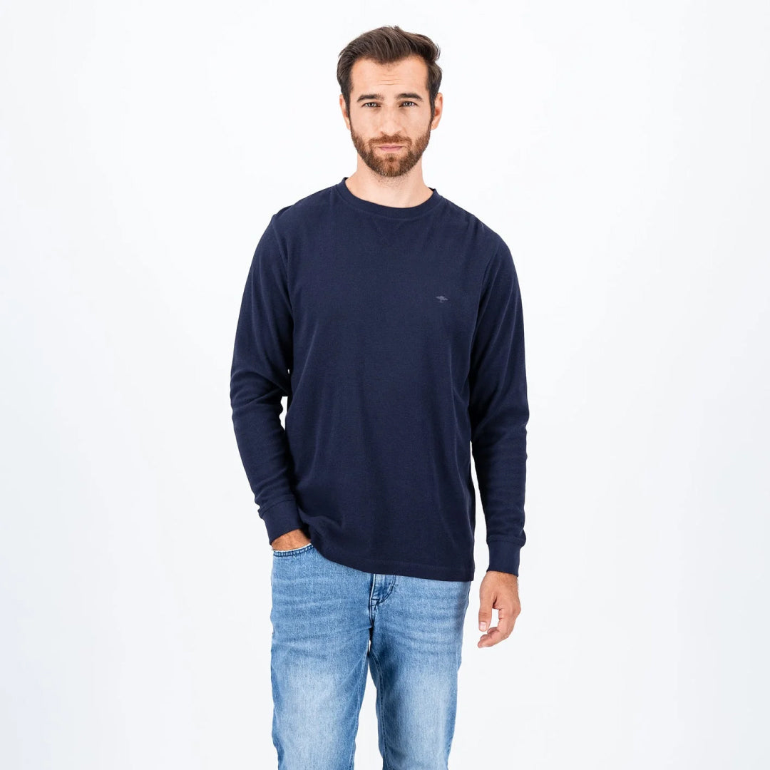 Long-sleeved cotton blend shirt with round neck