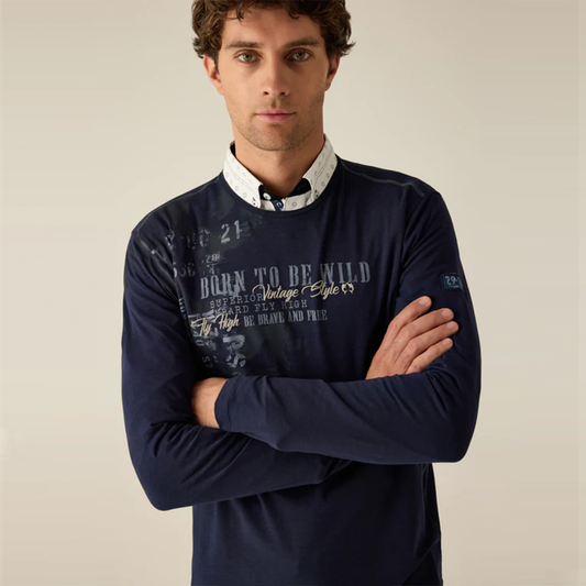 Campione Men's long-sleeved shirt in indigo with "Born to be Wild" print – urban, free, strong character