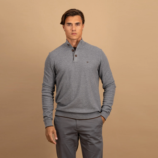 Fynch Hatton Cotton sweater with button placket and stand-up collar