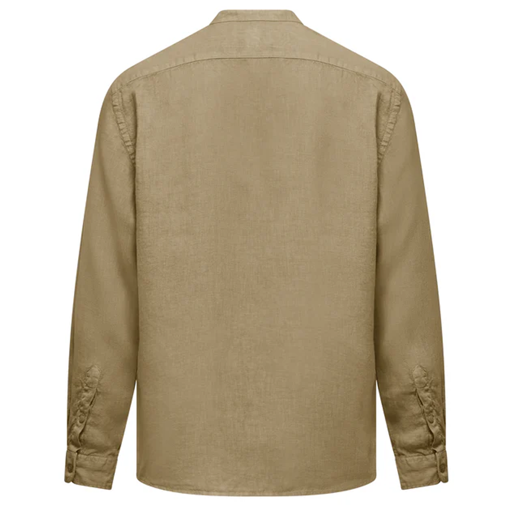 A flat-lay studio product shot of a Bomboogie men's long-sleeve slub linen shirt in an earthy khaki olive color, centered on a white background. The shirt features a minimalist mandarin band collar, a full-length button-down front placket, long sleeves with buttoned cuffs, and a regular-fit silhouette with a subtly curved hem.
