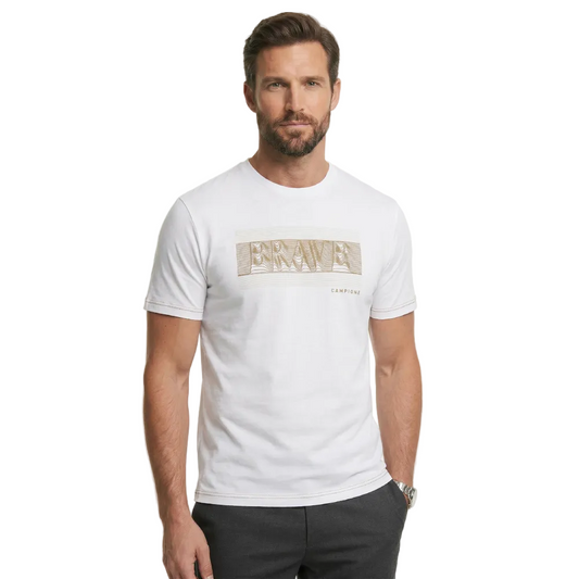Man wearing Campione white T-shirt with Brave graphic print and contrast stitching, Kayagan