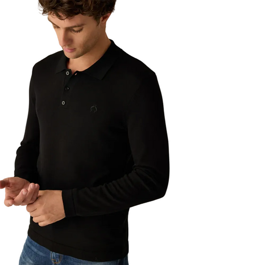 Man wearing Campione black long-sleeved polo shirt with ribbed collar, and an embroidered Campione logo on the chest, Kayagan, Lebanon