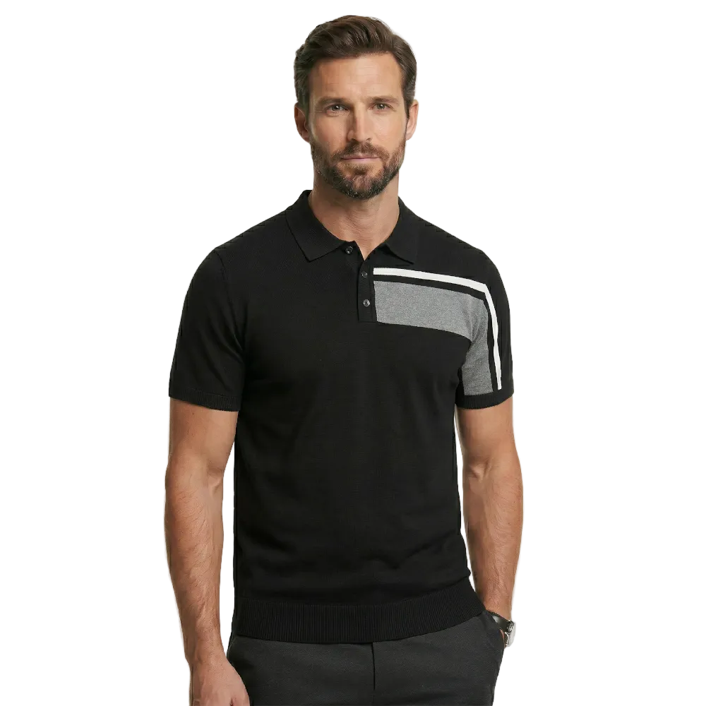Man wearing Campione black mercerized cotton polo shirt with print colorway on the chest, ribbed collar and button placket, styled with dark trousers, Kayagan Lebanon