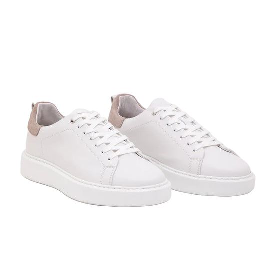 Men's Digel white leather sneakers with beige suede heel accent.