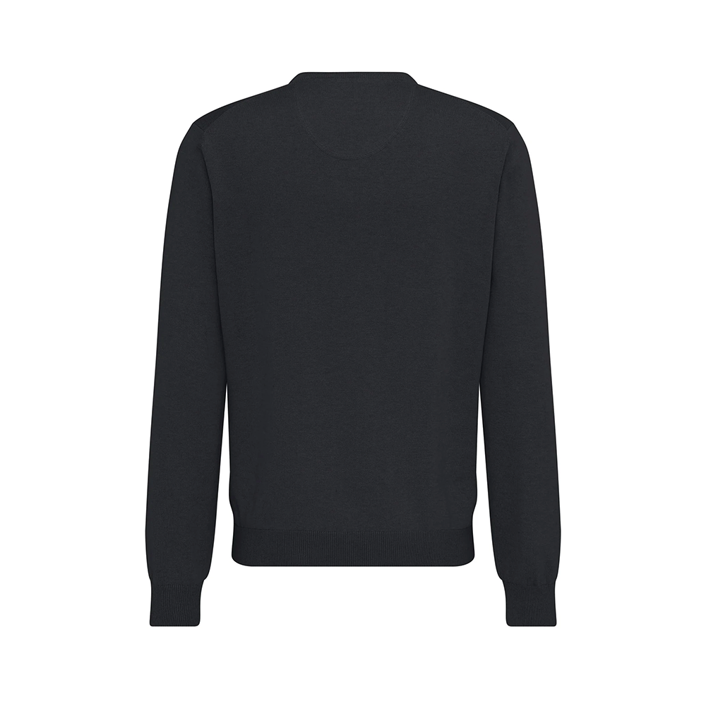 A charcoal Fynch Hatton v-neck cotton sweater, back view studio photo, available at Kayagan