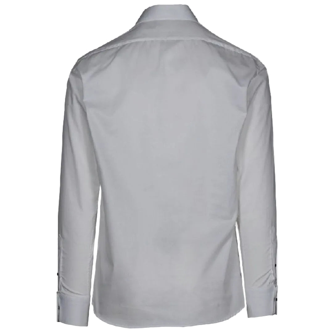 A studio shot of a crisp gray long-sleeve Karl Lagerfeld dress shirt featuring sharp pointed collars, dark square contrast buttons, and a small black brand tab.