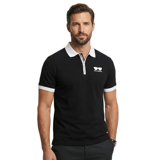 Karl Lagerfeld Men's Black Contrast Zip Polo Shirt with White Collar and Chest Logo