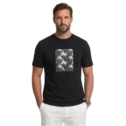 Karl Lagerfeld men's black crew neck graphic printed cotton T-shirt featuring monochrome Iconic Karl artwork, regular fit, short sleeves, and premium designer style.