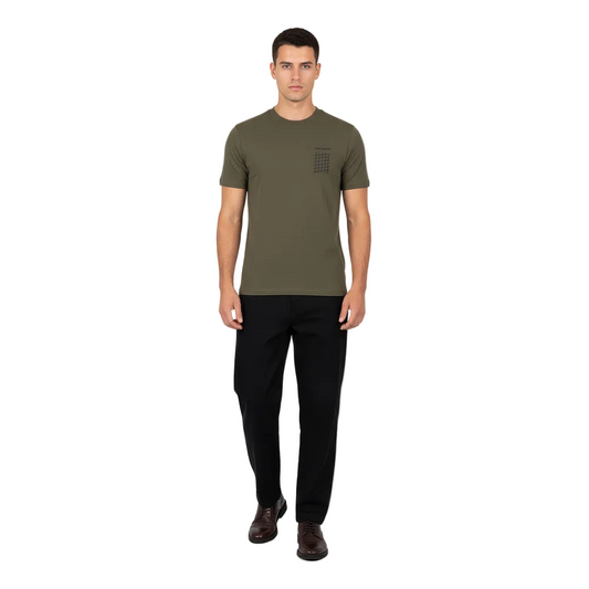 Karl Lagerfeld olive green regular fit men's T-shirt with crew neck and signature chest logo, premium designer casual wear.