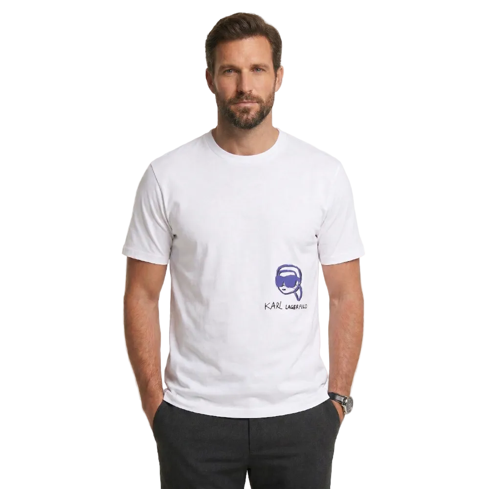 Karl Lagerfeld men's white graphic print cotton t-shirt with regular fit, short sleeves, and signature chest logo for casual everyday designer fashion.