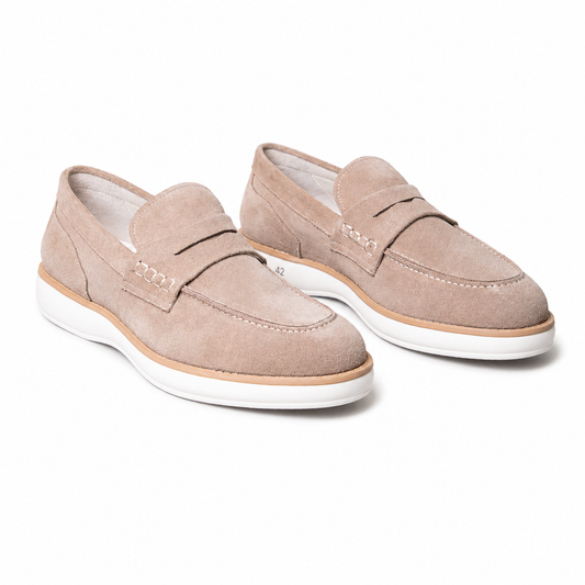 Pedro beige penny loafers with a soft suede-look finish, sleek slip-on design, and cushioned comfort for formal and smart-casual styling, Kayagan online