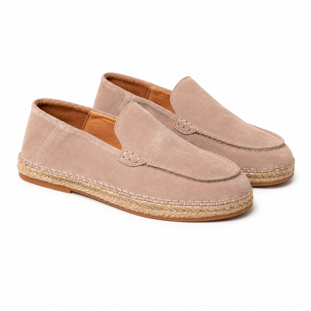 Pair of Pedro Salmon/wet sand black suede slip-on loafers featuring a woven jute espadrille midsole and contrast stitching, Kayagan online