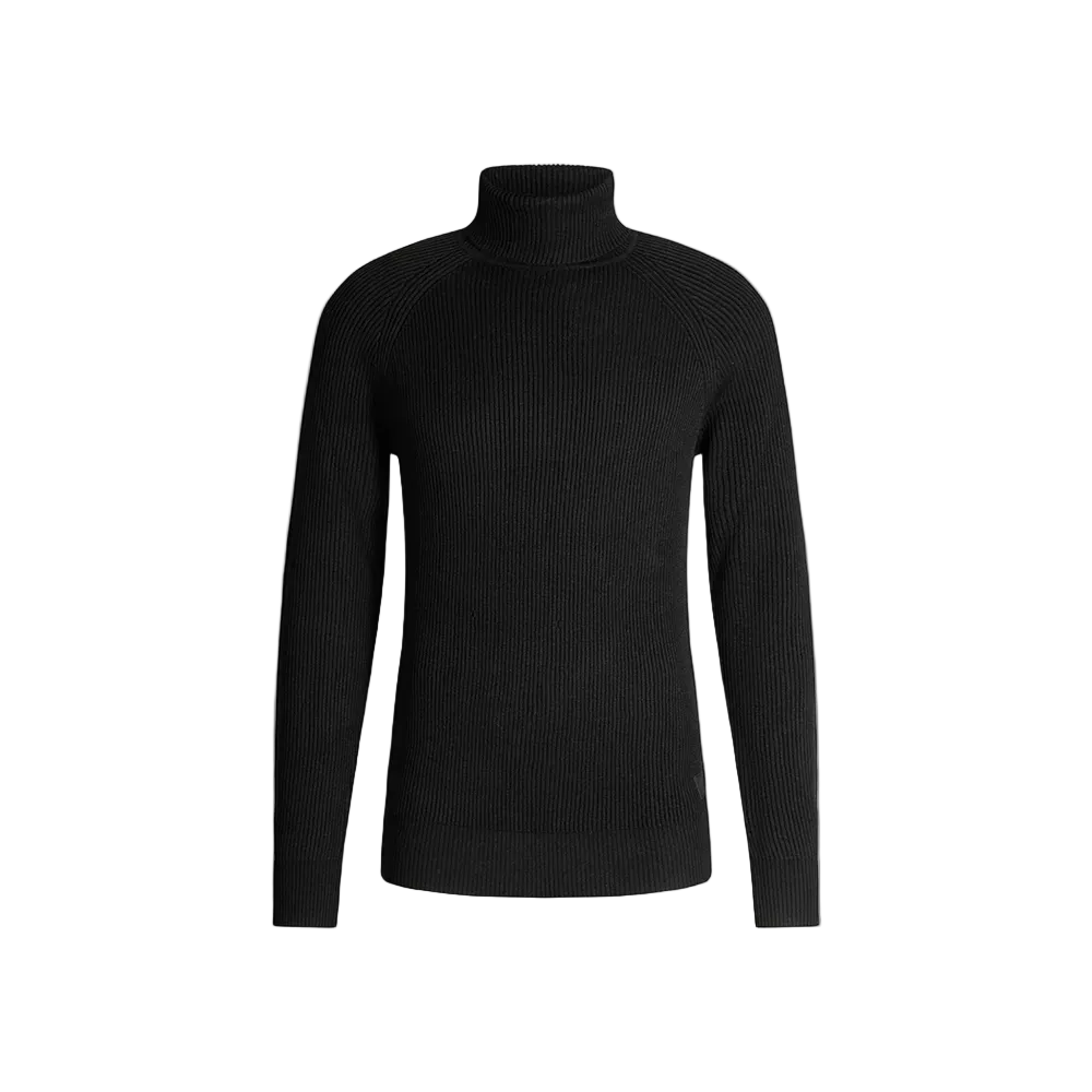 Man wearing Strellson Hamilton Roll Neck Jumper in black color, turtleneck sweater, ribbed knit, available at Kayagan