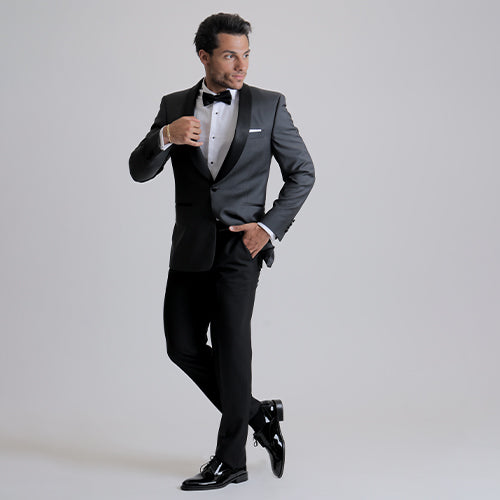 Dark Grey shawl collar tuxedo with black trousers