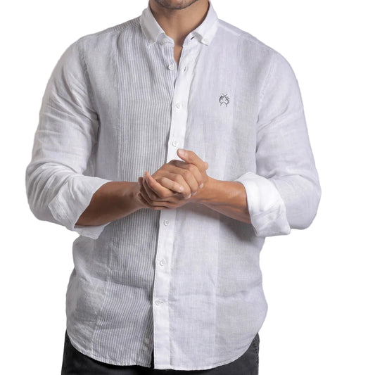 White long-sleeve linen button-down shirt with a small Campione embroidered logo on the chest, Kayagan