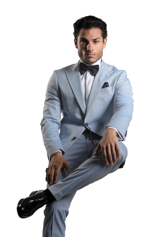 Digel light blue men's 3-in-1 suit set featuring a tailored blazer, matching trousers, and formal shoes for weddings, business, and formal occasions.