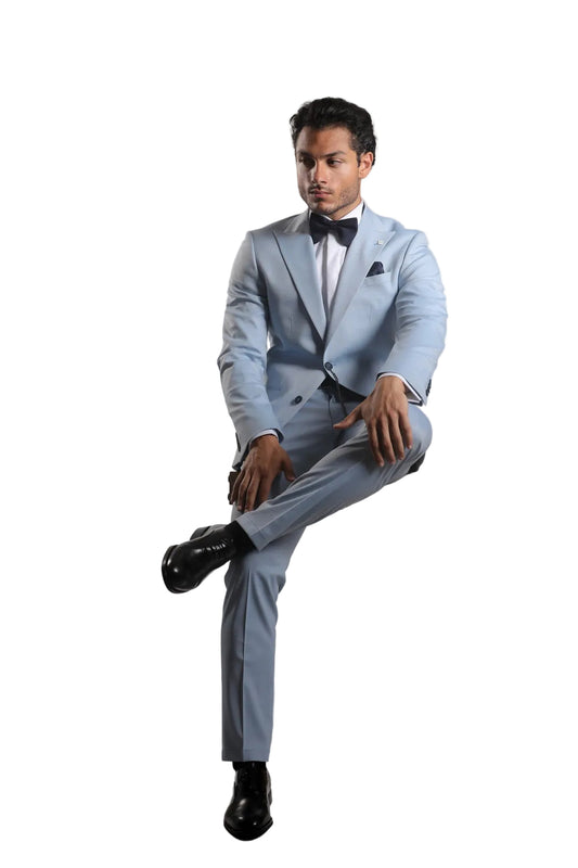 Digel light blue men's 3-in-1 suit set featuring a tailored blazer, matching trousers, and formal shoes for weddings, business, and formal occasions. Order now from Kayagan Lebanon