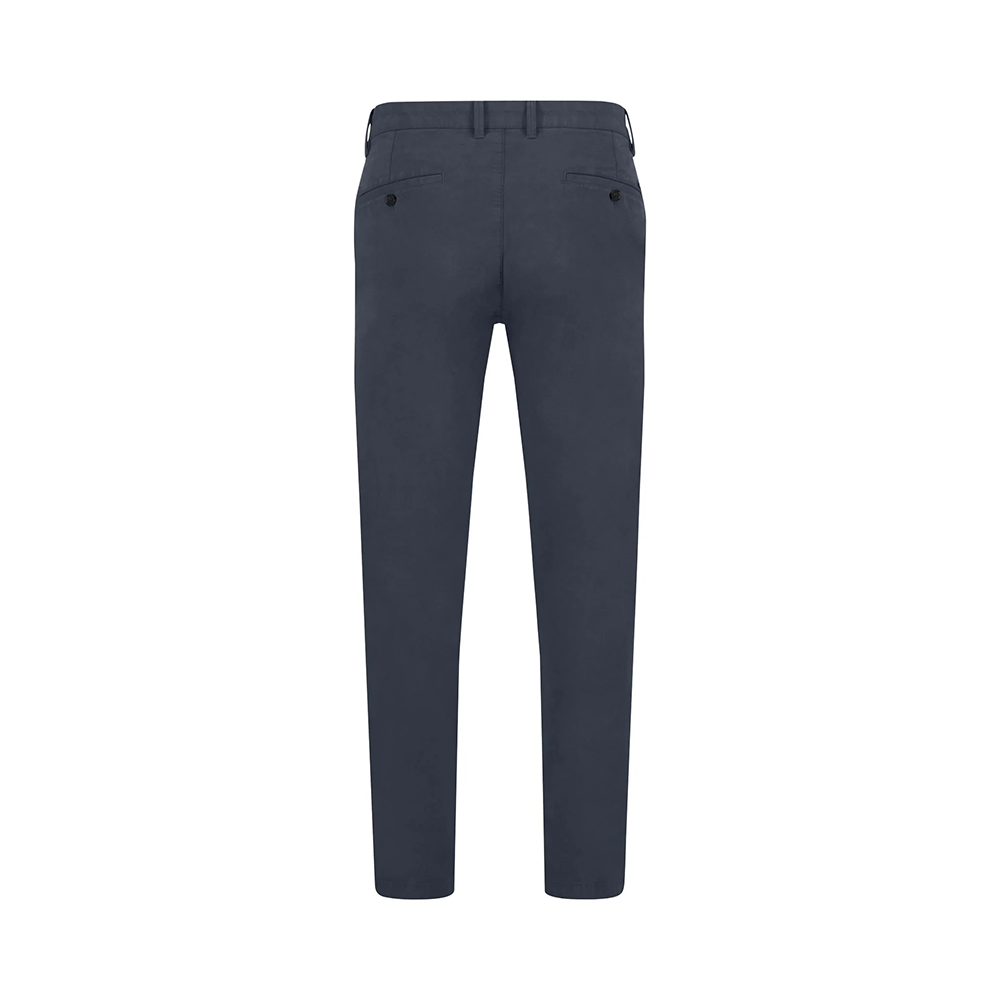 Fynch Hatton dark navy cotton stretch chino trousers, straight leg, back view studio photo, available at Kayagan