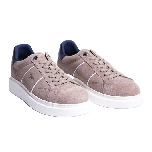 Harmont & Blaine men's taupe suede light brown sneakers with lace-up closure, contrast side piping, signature dachshund logo, and lightweight white rubber sole.