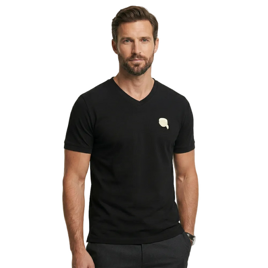 Karl Lagerfeld men's black crew neck basic cotton t-shirt with regular fit, short sleeves, and signature chest logo for casual everyday designer fashion.