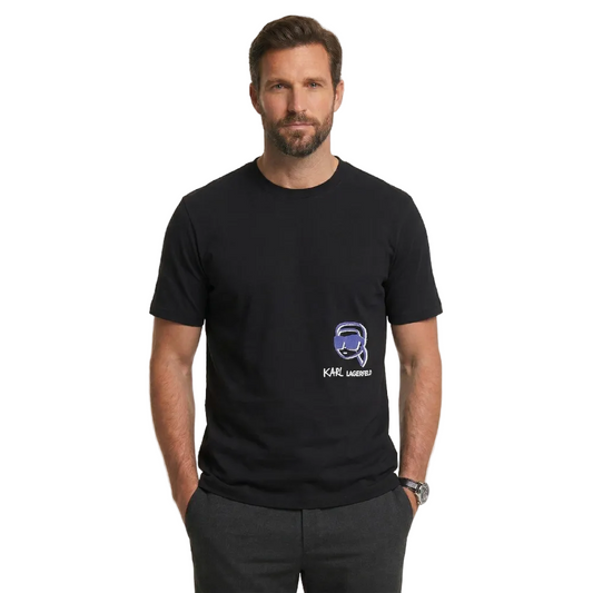 Karl Lagerfeld men's black graphic print cotton t-shirt with regular fit, short sleeves, and signature chest logo for casual everyday designer fashion.