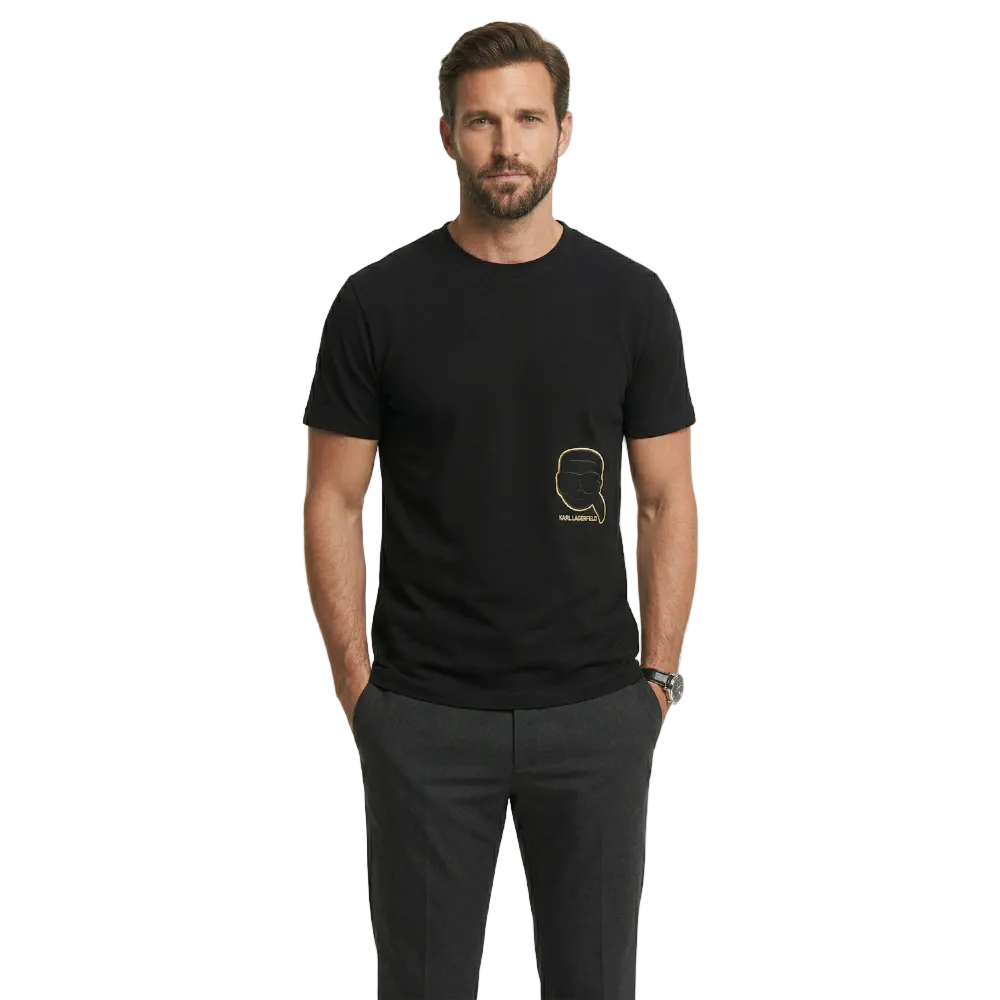 Karl Lagerfeld men's black crew neck cotton T-shirt featuring the signature Iconik Karl logo print, regular fit, short sleeves, and premium casual designer style.