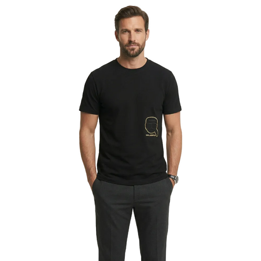 Karl Lagerfeld men's black crew neck cotton T-shirt featuring the signature Iconik Karl logo print, regular fit, short sleeves, and premium casual designer style.