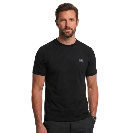 Karl Lagerfeld men's black crew neck cotton T-shirt with signature logo patch, regular fit, short sleeves, and premium minimalist designer style.