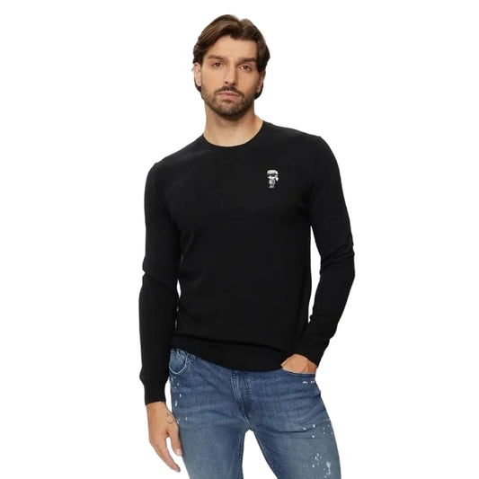 Karl Lagerfeld men's black knit crewneck sweater with embroidered Iconic Karl logo, regular fit, long sleeves, and premium cotton blend fabric.