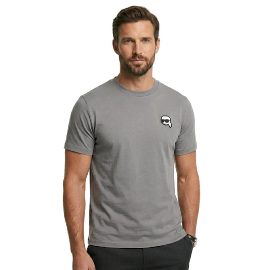 Karl Lagerfeld men's gray crew neck basic cotton t-shirt with regular fit, short sleeves, and signature chest logo for casual everyday designer fashion.