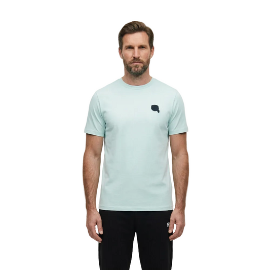 Karl Lagerfeld men's ice green crew neck basic cotton t-shirt with regular fit, short sleeves, and signature chest logo for casual everyday designer fashion.