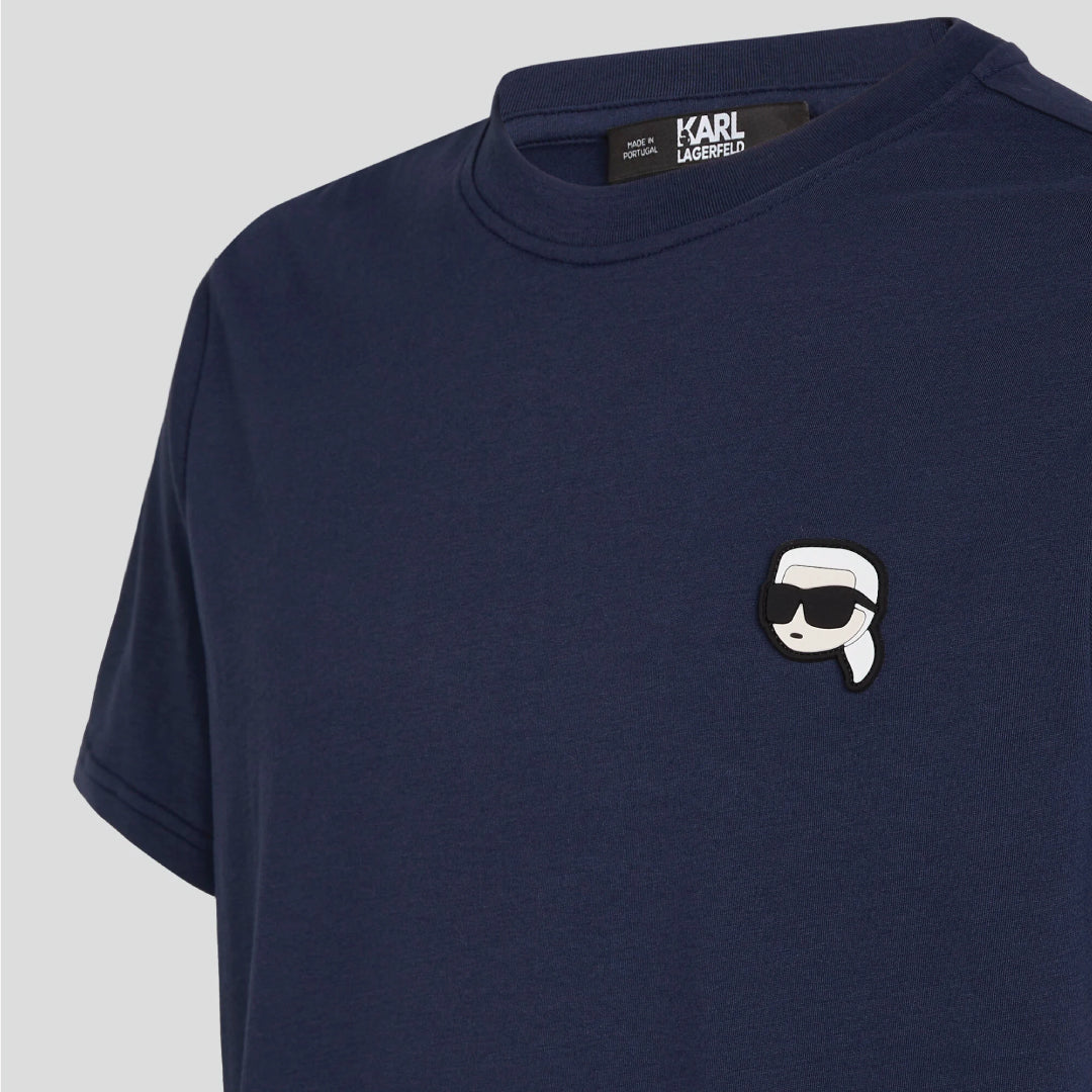 Karl Lagerfeld men's navy crew neck basic cotton t-shirt with regular fit, short sleeves, and signature chest logo for casual everyday designer fashion.