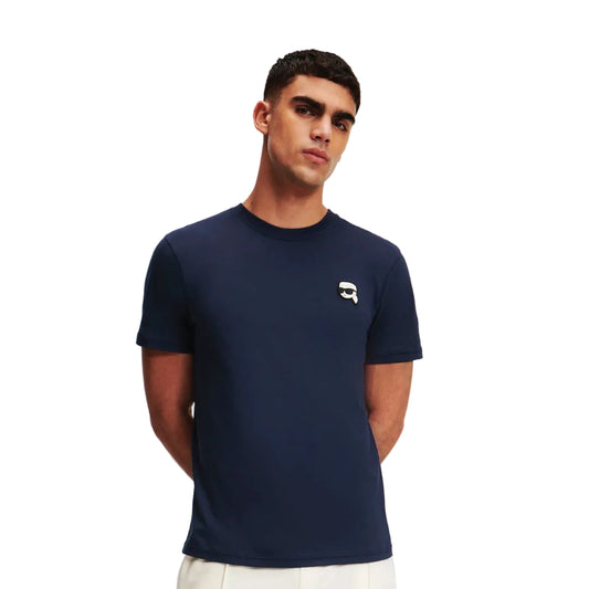 Karl Lagerfeld men's navy crew neck basic cotton t-shirt with regular fit, short sleeves, and signature chest logo for casual everyday designer fashion.