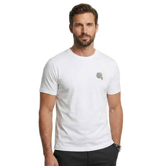 Karl Lagerfeld men's white crew neck basic cotton t-shirt with regular fit, short sleeves, and signature chest logo for casual everyday designer fashion.