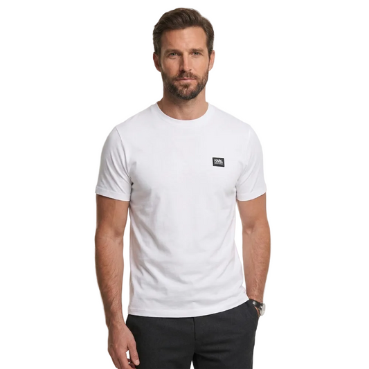 Karl Lagerfeld men's white crew neck cotton T-shirt with signature logo patch, regular fit, short sleeves, and premium minimalist designer style.