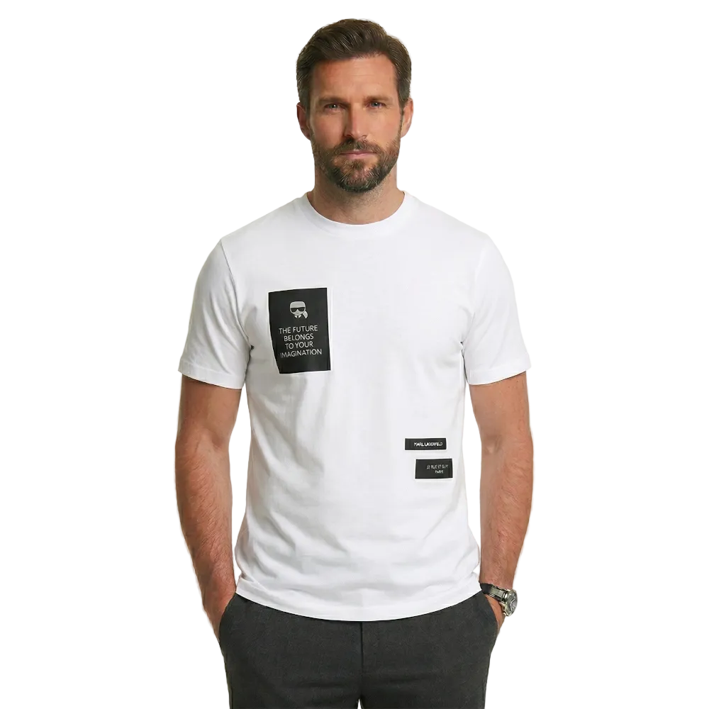 Karl Lagerfeld men's white crew neck graphic print cotton T-shirt featuring signature logo artwork, regular fit, short sleeves, and premium casual designer style.