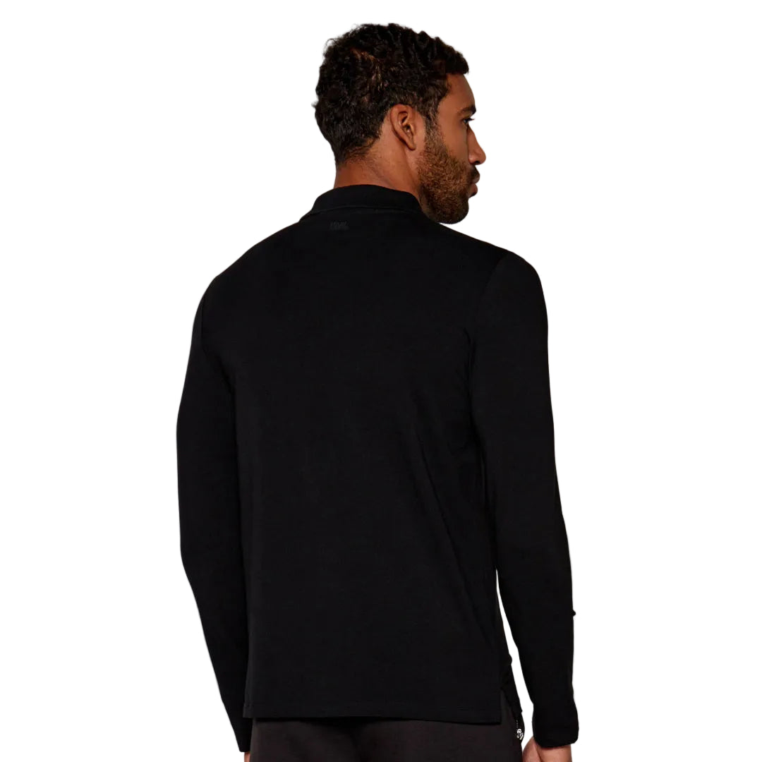 Karl Lagerfeld men's regular fit long sleeve polo shirt with a half-zip collar, utility chest pocket, and premium stretch fabric.