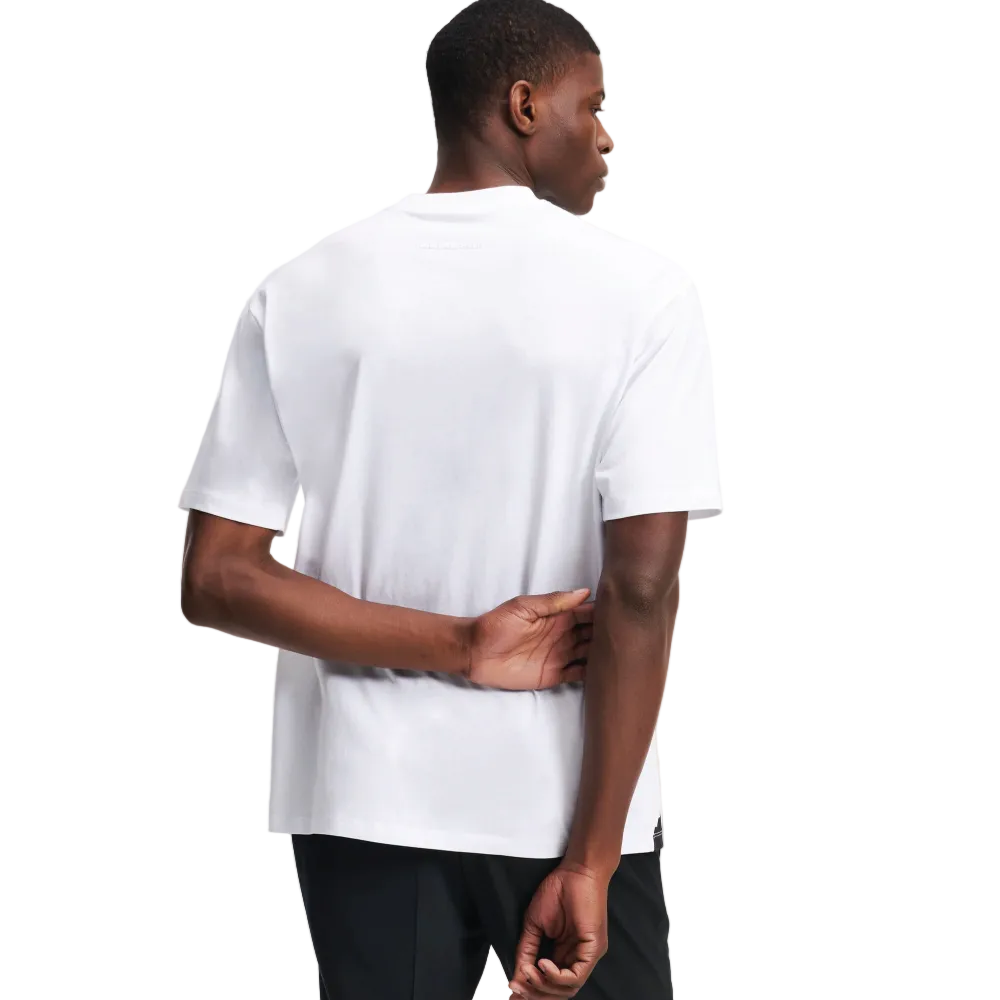 Karl Lagerfeld men's white regular fit short sleeve T-shirt featuring a bold black graphic print and classic crew neck design.