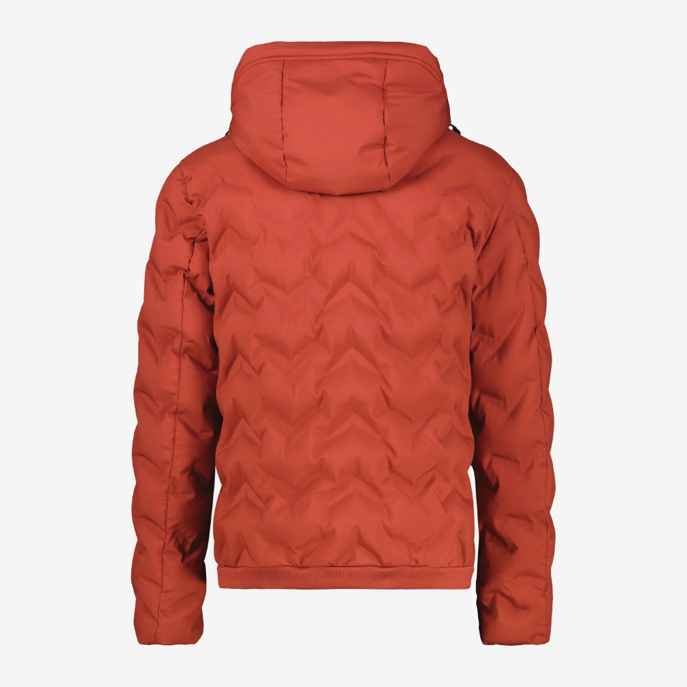 Man wearing a rust, burnt red Lerros quilted jacket with hood, available at Kayagan