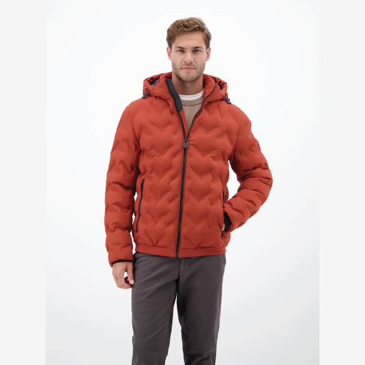 Man wearing a rust, burnt red Lerros quilted jacket with hood, styled with grey trousers, front view studio photo