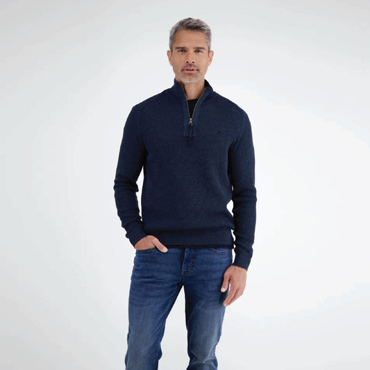 Man wearing a navy Lerros knitted troyer in melange look with navy trousers, front view studio photo, available at Kayagan