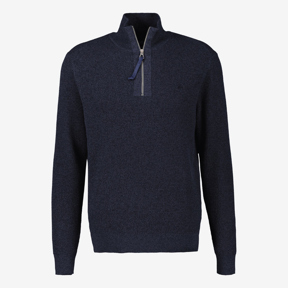 Man wearing a navy Lerros knitted troyer in melange look, front view studio photo, available at Kayagan