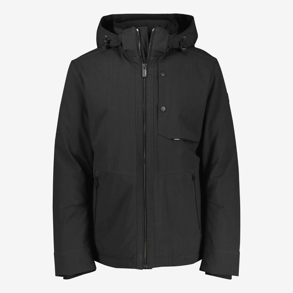 Black Lerros structured blouson jacket with hood, styled with beige chinos, front view studio photo, at Kayagan
