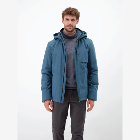 Man wearing a storm blue Lerros structured blouson jacket with hood, front view studio photo, at Kayagan