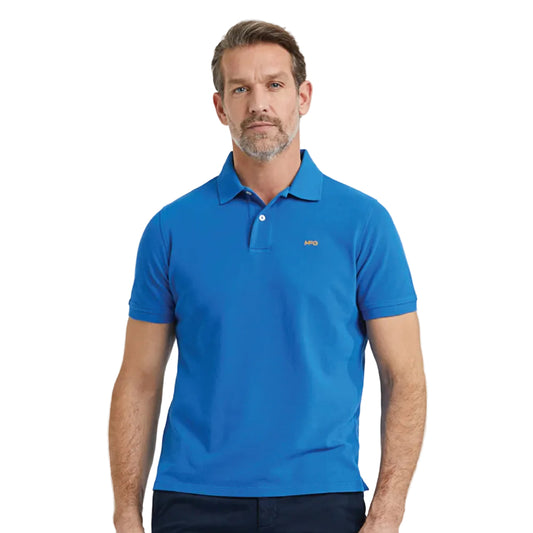 Front view of a McGregor men's classic regular fit blue polo shirt with a two-button placket and embroidered logo.