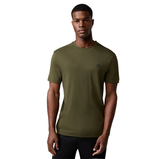 Man wearing Strellson Artis olive green t-shirt with rubberized logo patch on chest