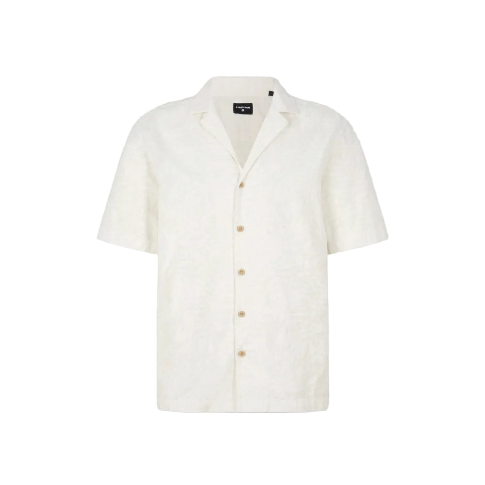 Strellson Cliro ecru short-sleeved shirt with tonal palm leaf pattern and camp collar