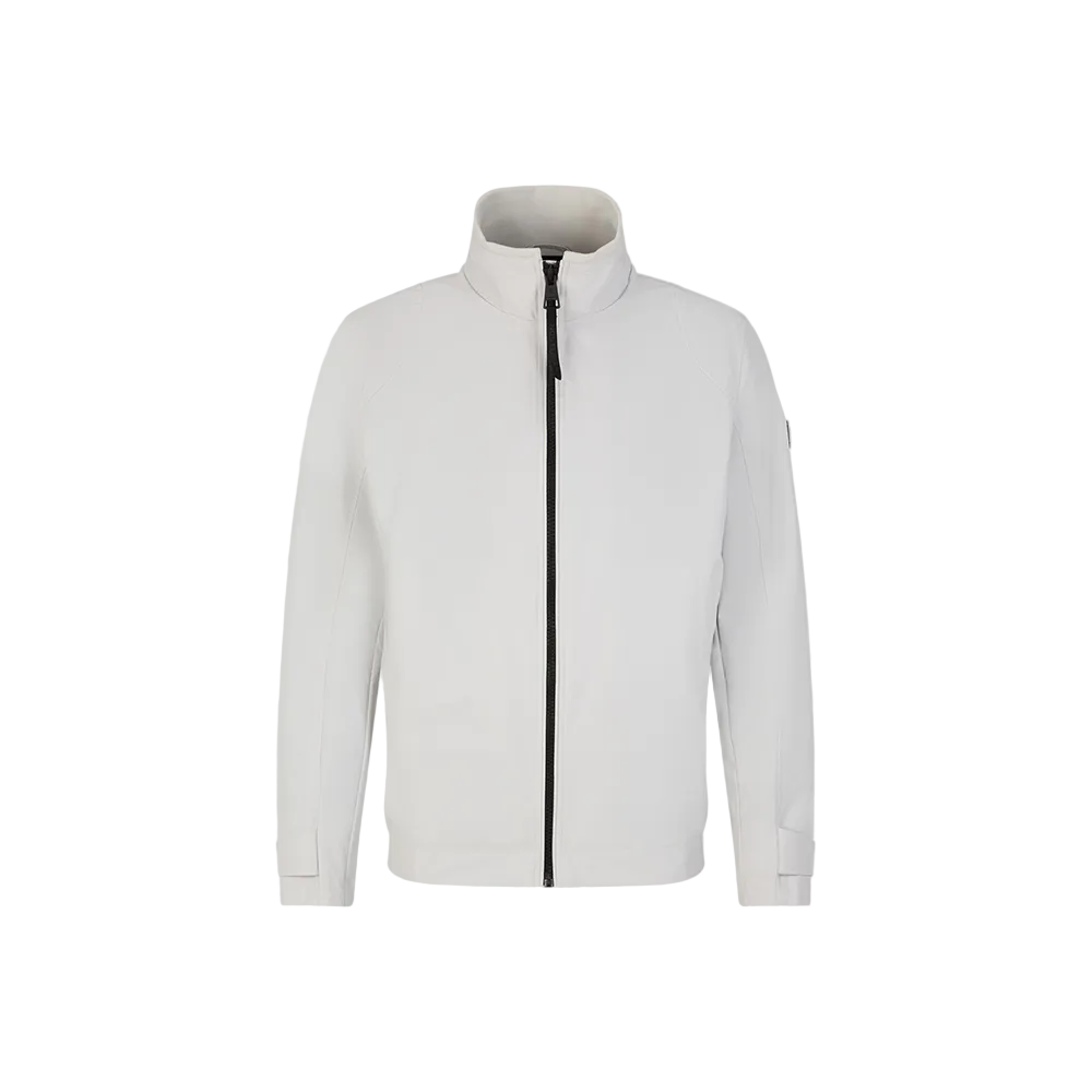 Man wearing Strellson Lucca Windbreaker Jacket in off-white with stand collar and zip front, and embroidered logo on the left arm, Kayagan