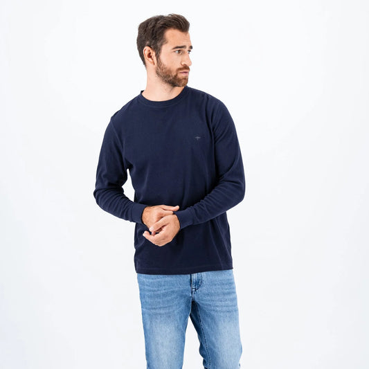 Long-sleeved cotton blend shirt with round neck