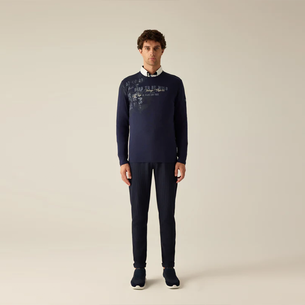 Campione Men's long-sleeved shirt in indigo with "Born to be Wild" print – urban, free, strong character